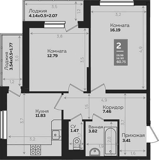 Продается 2-комн. квартира, 57.1 м²