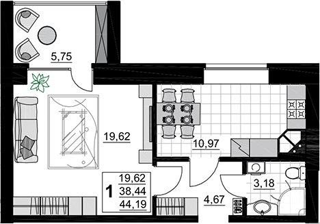 Планировка 38.44 м²