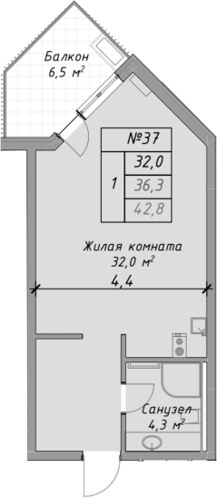 Продается 1-комн. квартира, 36.3 м²