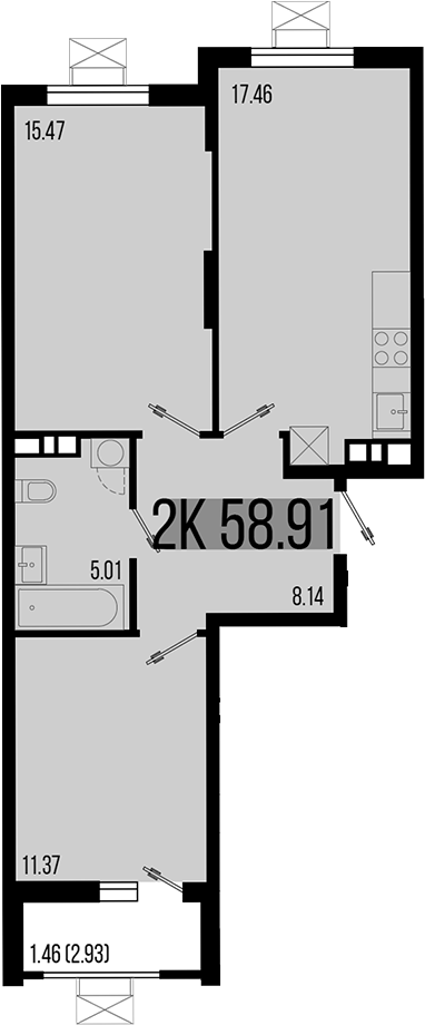 Продается 2-комн. квартира, 57.45 м²
