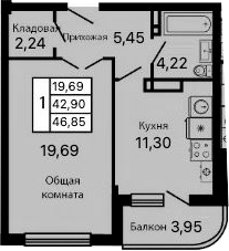 1-комн. · 42.9 м²