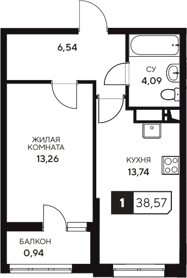 Продается 1-комн. квартира, 37.63 м²
