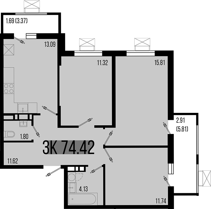 Продается 3-комн. квартира, 69.82 м²