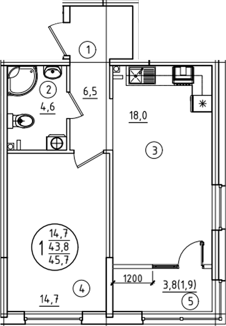 Продается 1-комн. квартира, 43.8 м²