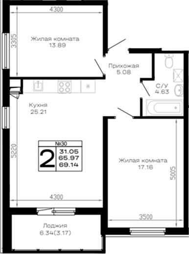 Продается 2-комн. квартира, 65.97 м²