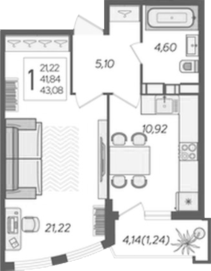 Планировка 40.76 м²