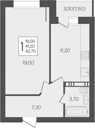 Продается 1-комн. квартира, 41.2 м²