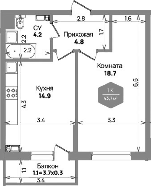 Планировка 42.6 м²