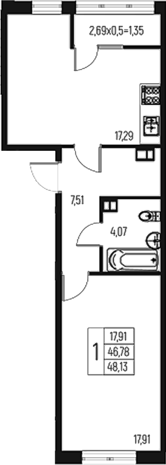 Продается 1-комн. квартира, 46.78 м²