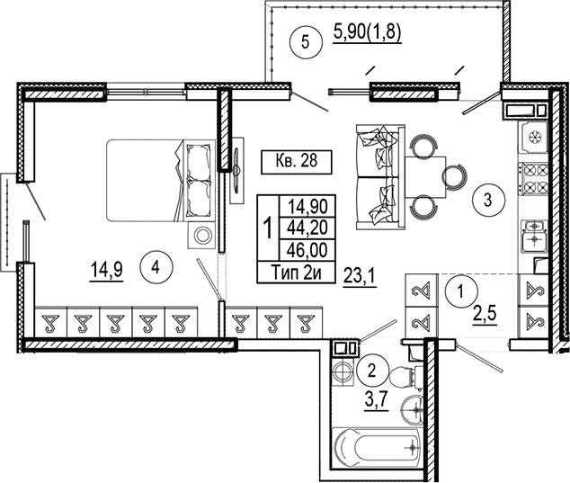 Планировка 44.2 м²