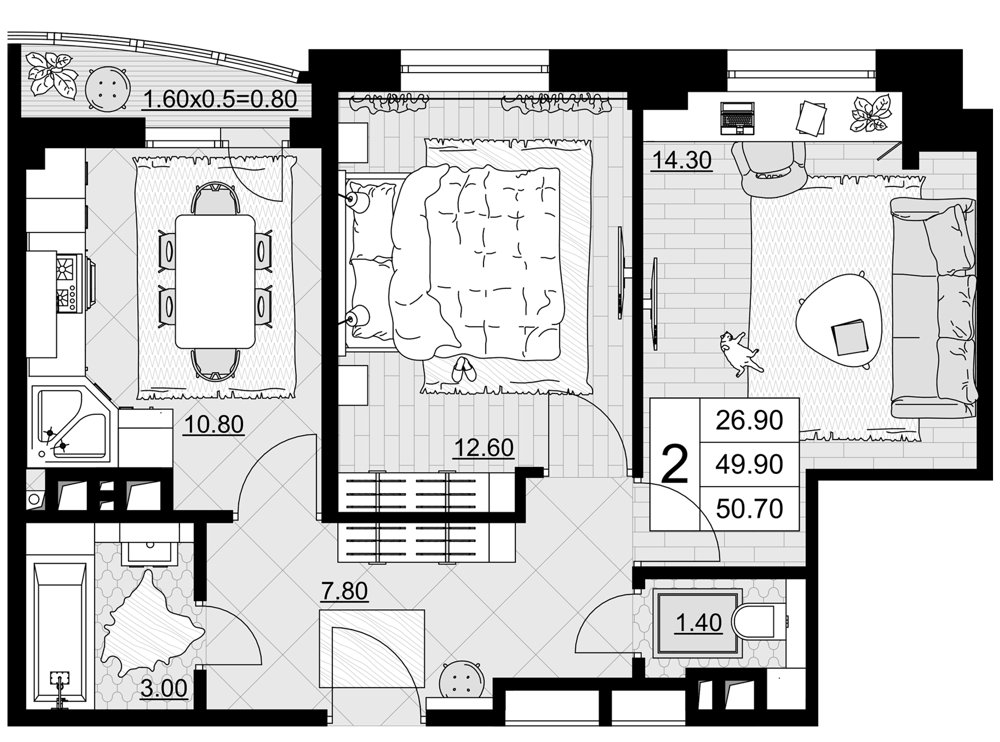 Планировка 49.9 м²