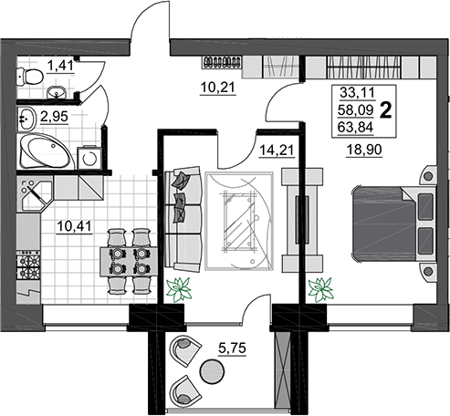 2-комн. · 58.09 м²