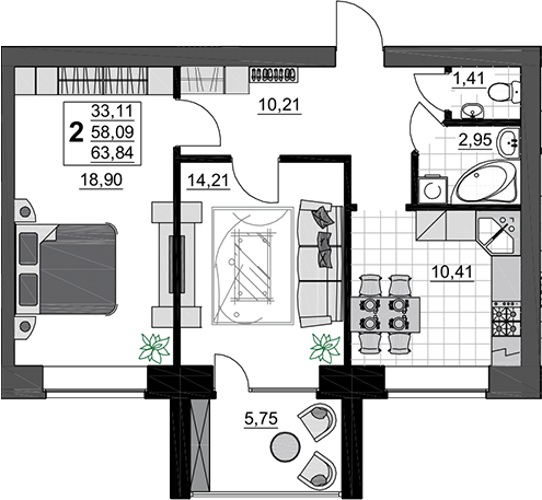 Планировка 58.09 м²