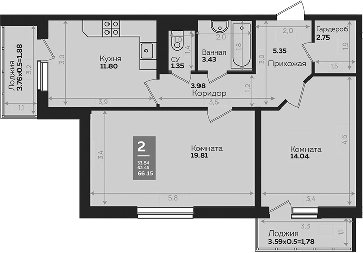 Продается 2-комн. квартира, 62.56 м²