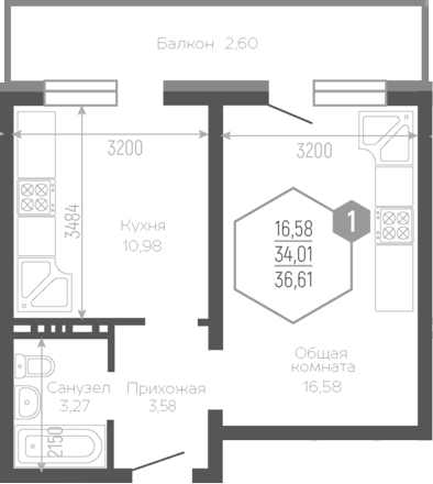 Планировка 34.4 м²