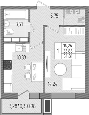 Продается 1-комн. квартира, 33.83 м²