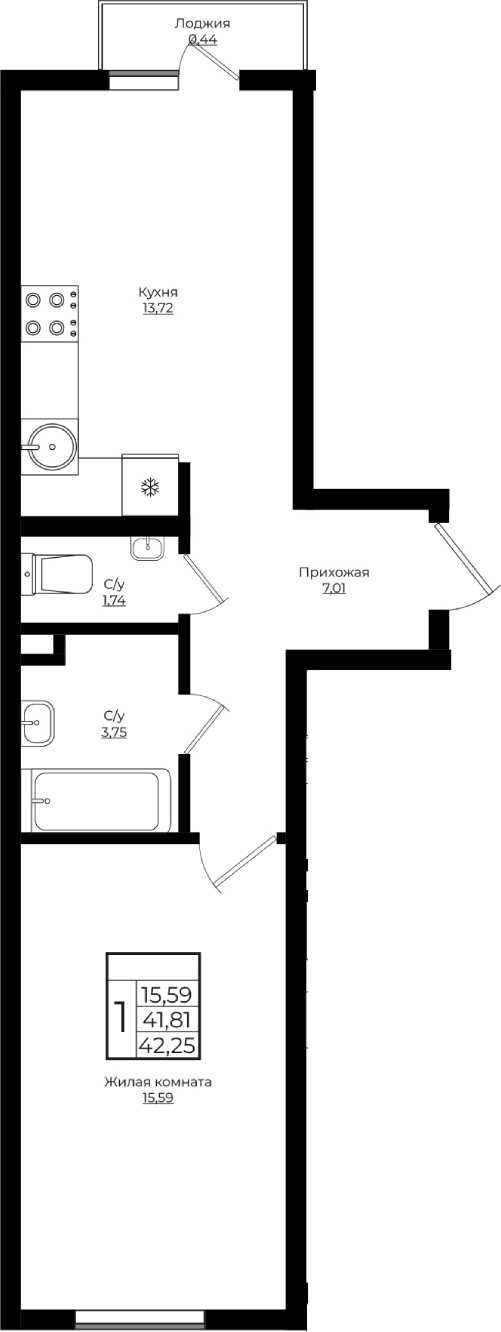 Продается 1-комн. квартира, 41.81 м²