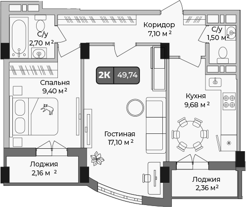 Продается 2-комн. квартира, 48.56 м²