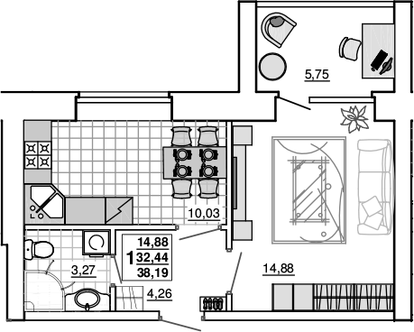 1-комн. · 32.44 м²