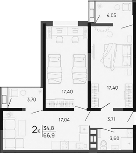 Продается 2-комн. квартира, 57.95 м²