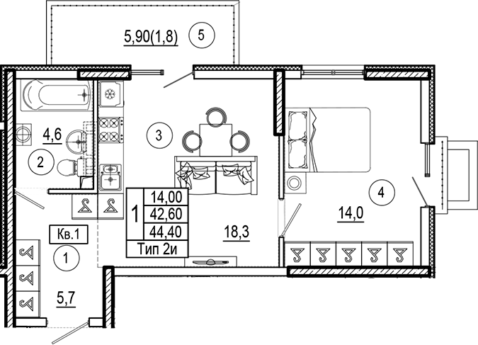 Планировка 42.6 м²