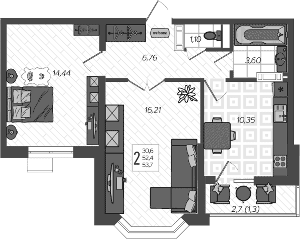 Планировка 52.3 м²