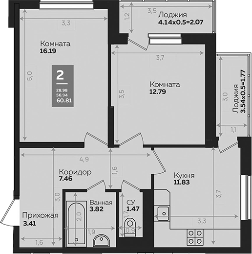 Продается 2-комн. квартира, 57.22 м²