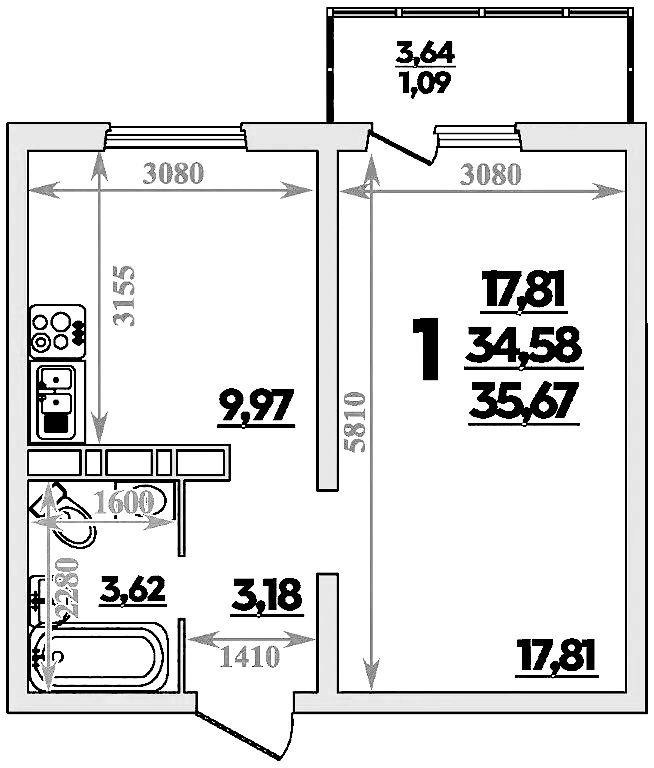 1-комн. квартира, 34.58 м² в ЖК Романовский