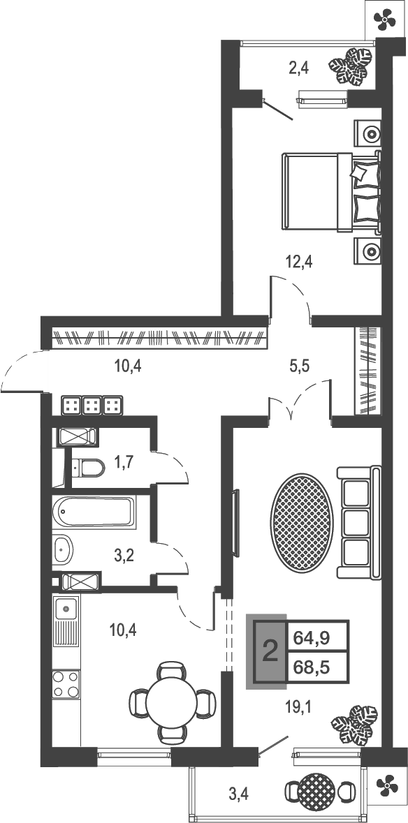 Планировка 62.68 м²