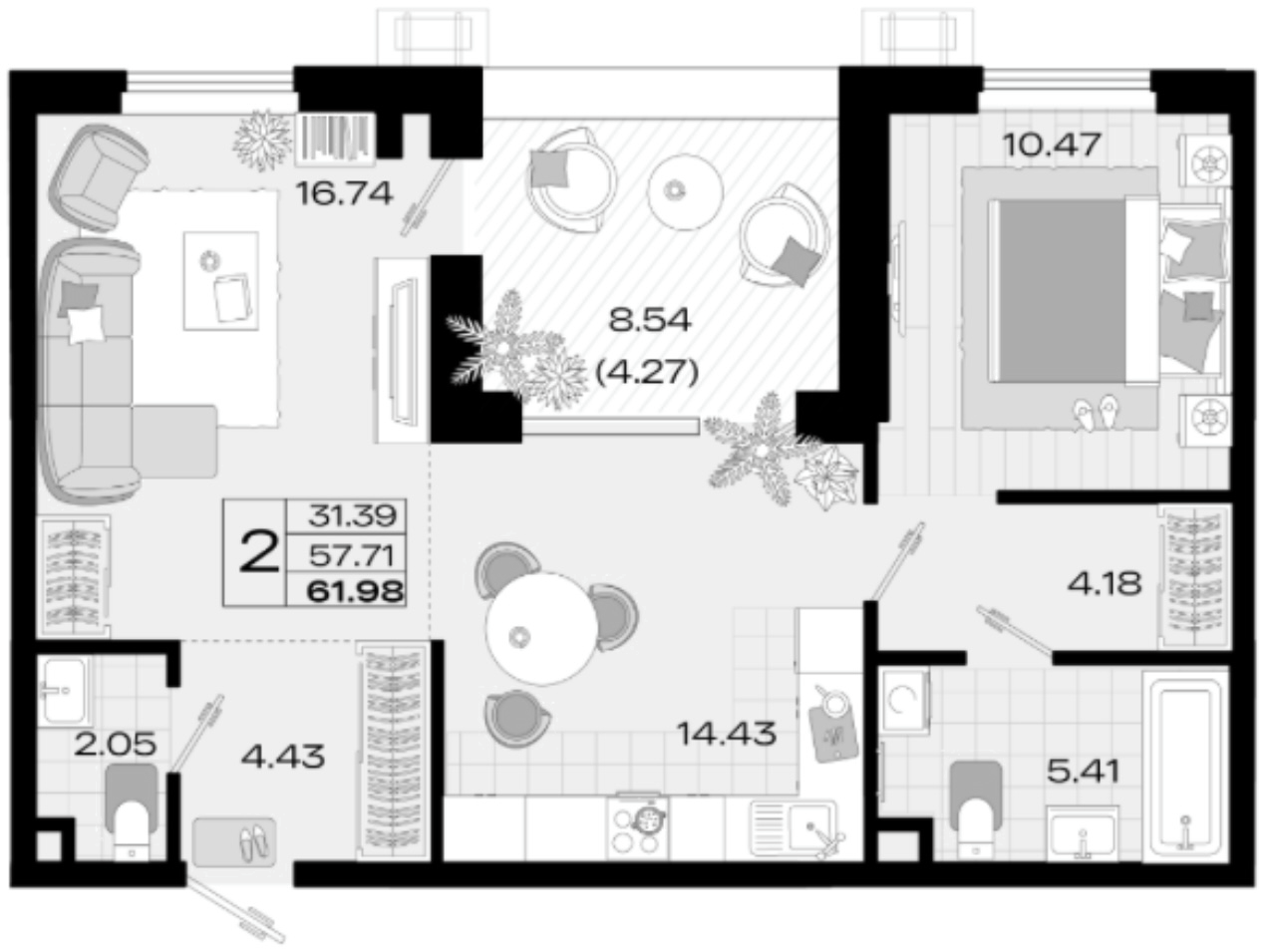 Планировка 58.39 м²
