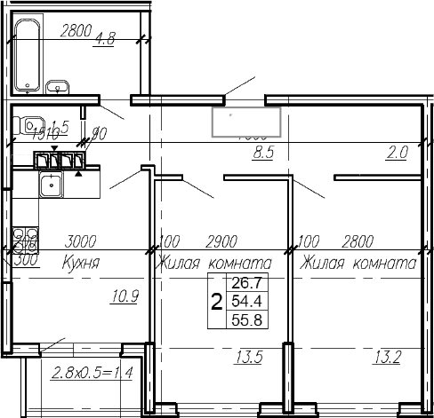 Продается 2-комн. квартира, 54.4 м²