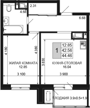 2-комн. · 42.56 м²