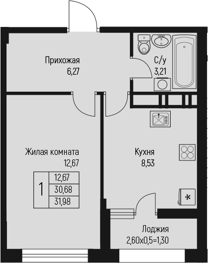 Планировка 30.68 м²