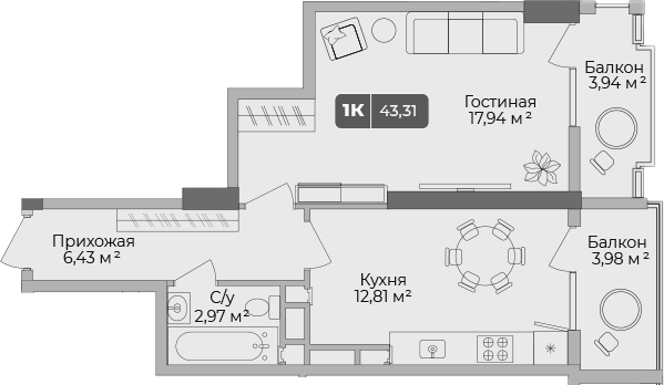 1-комн., 40.94 м²