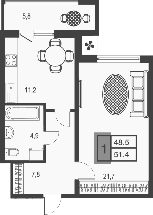 Планировка 45.6 м²