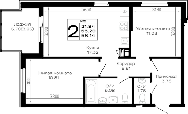 Продается 2-комн. квартира, 55.29 м²