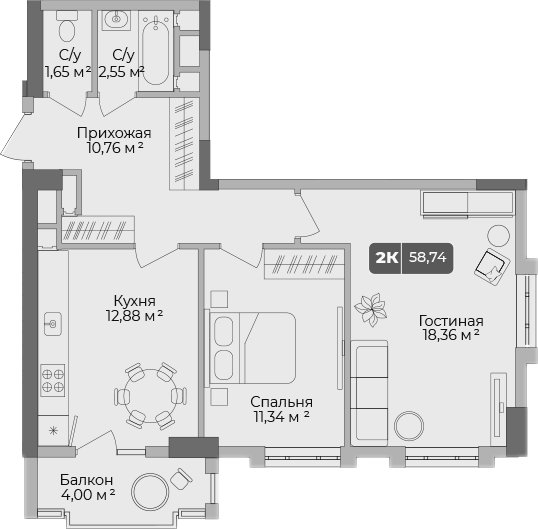 Продается 2-комн. квартира, 57.54 м²