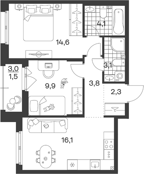 Планировка 53.9 м²