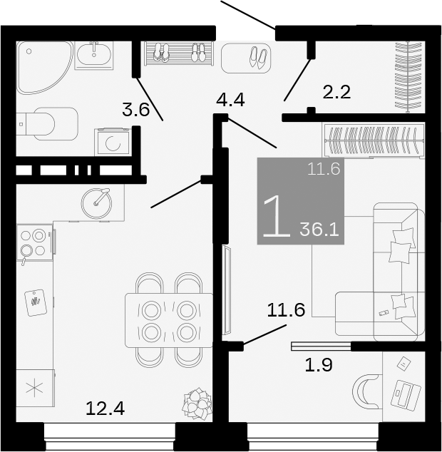 Продается 1-комн. квартира, 34.2 м²