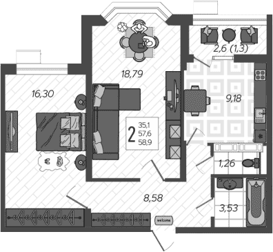 Планировка 57.6 м²