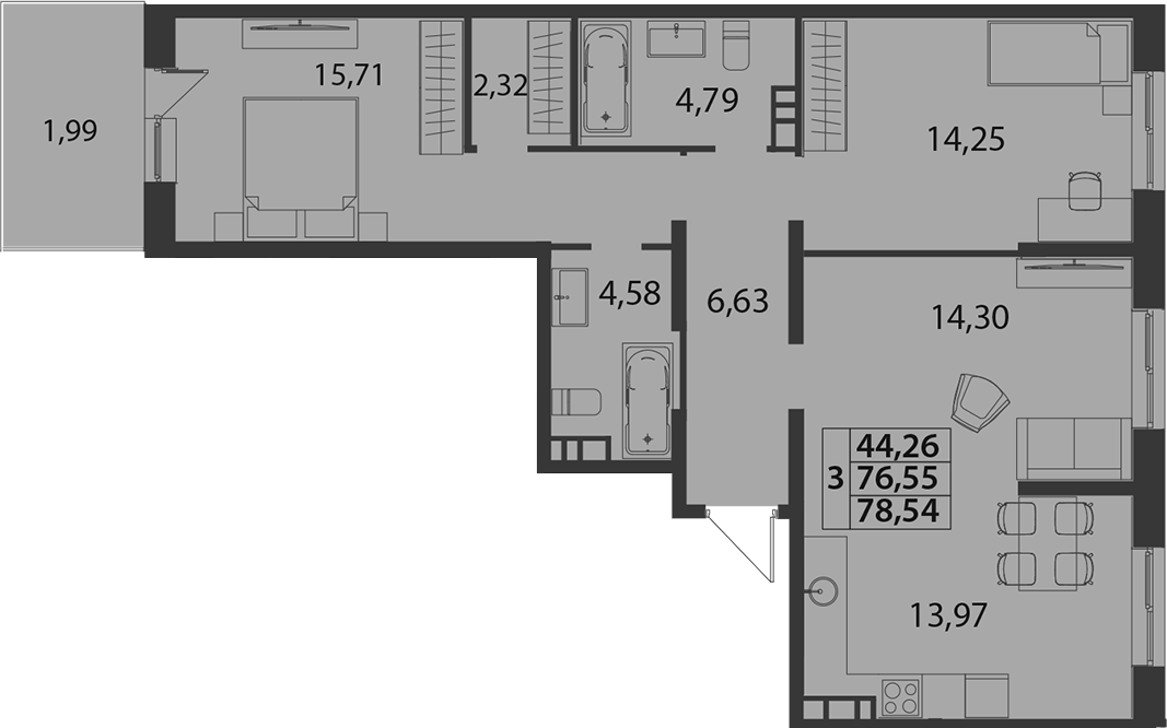 Планировка 76.55 м²