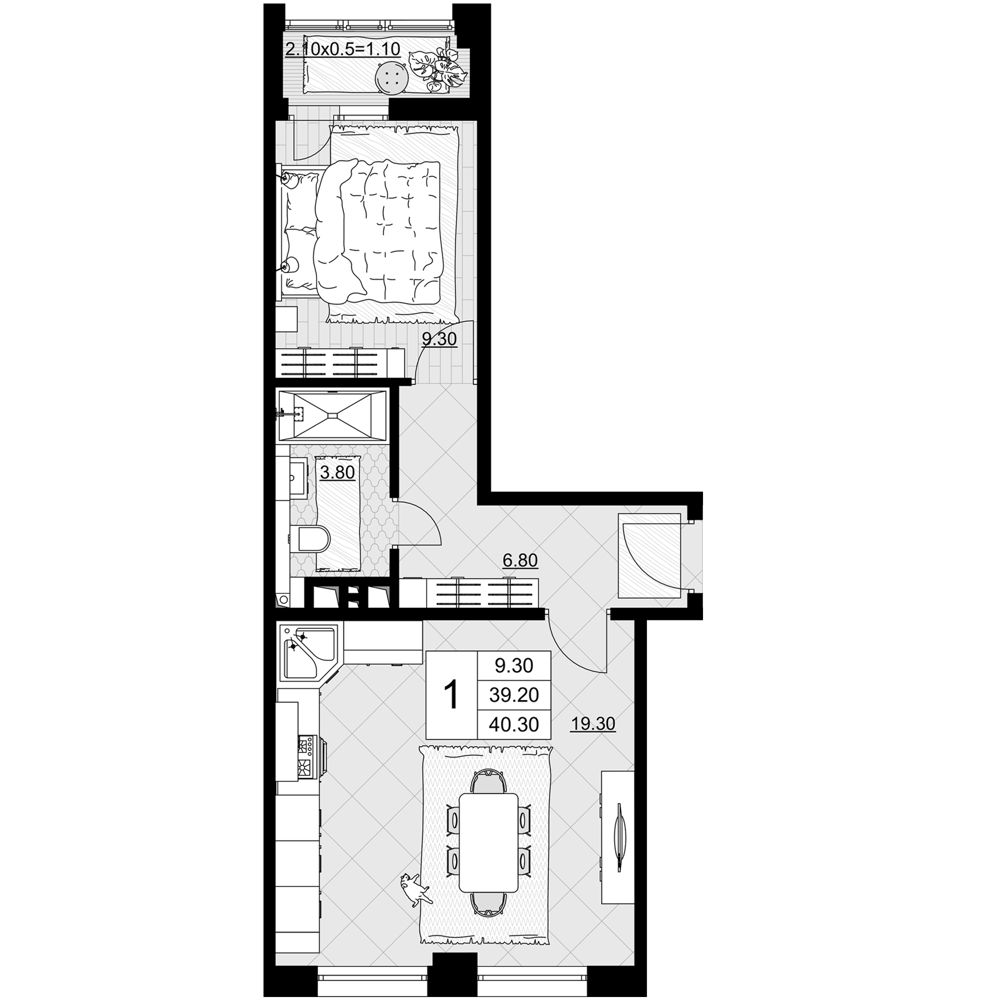 Планировка 39.2 м²