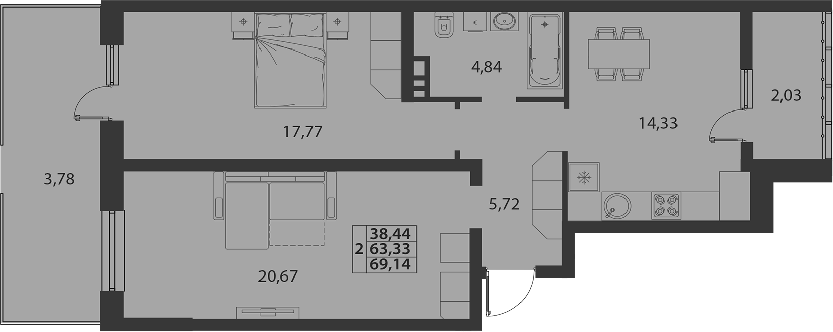Продается 2-комн. квартира, 63.33 м²