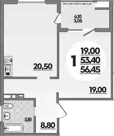 Планировка 53.4 м²
