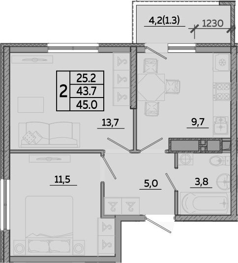 2-комн. · 43.7 м²