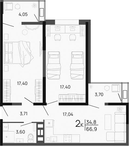 Продается 2-комн. квартира, 57.95 м²