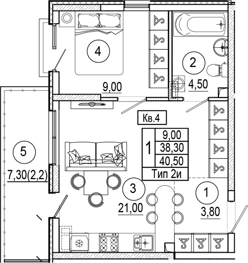 1-комн. · 38.3 м²