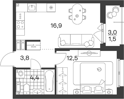 Планировка 37.6 м²