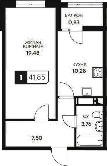 Продается 1-комн. квартира, 41.02 м²