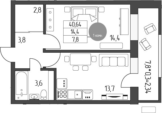 Продается 1-комн. квартира, 38.3 м²
